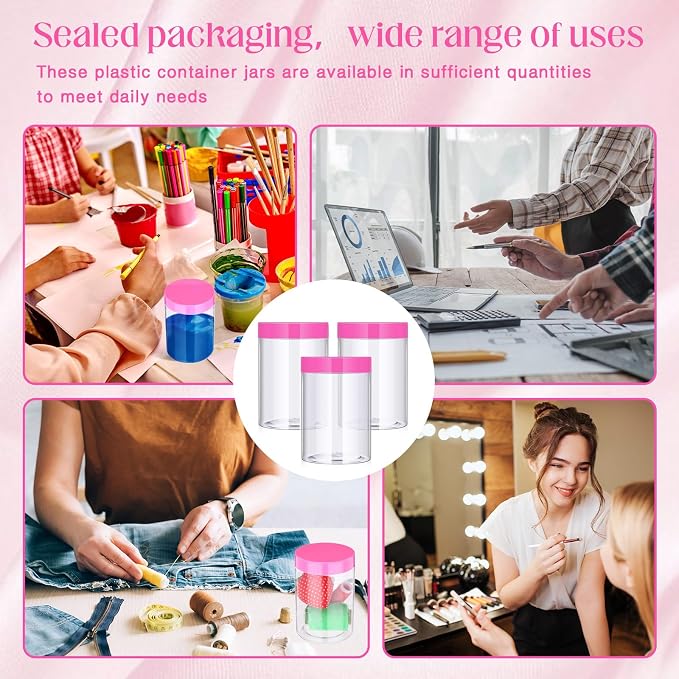SATINIOR 12 Pack 10 oz Plastic Container Jars with Lids Round Clear Travel Cosmetic Container Slime Jars for Toiletries, Lotion, Cream, Ointments, Makeup, Rhinestone, Samples, Kitchen Storage(Pink)
