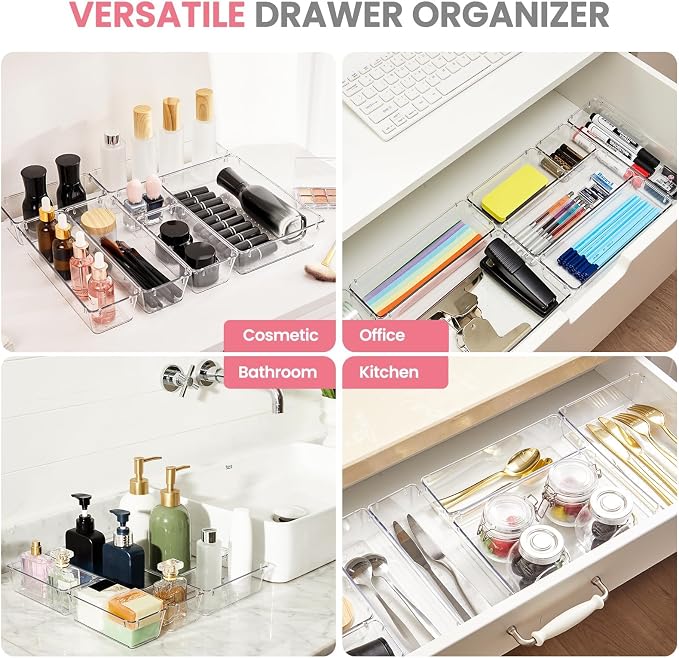 HOUSE DAY Makeup Drawer Organizer Trays 17 PCS, 4-Size Clear Drawer Organizers with Silicone Pads, Vanity Organizers and Storage, Non Slip Plastic Drawer Organizer for Desk, Bathroom, Kitchen, Office