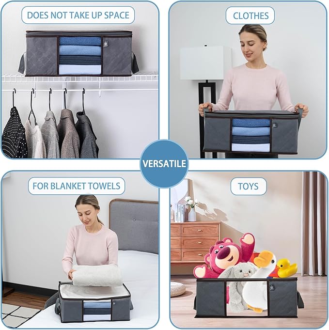 VENO 3 Pack Medium Clothes Storage Bag Organizer with Reinforced Handle, Thick Container Bins for Blankets, Comforters, Bedding, Foldable with Sturdy Zipper, Clear Window, Grey, Reusable (9.5 Gallon)