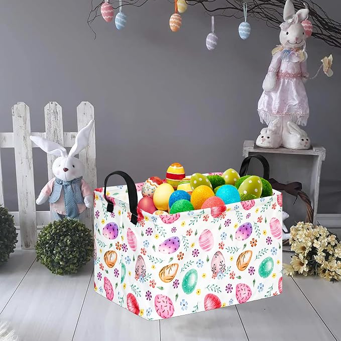 Rectangular Easter Basket Storage Bin for Shelves Cute Gifts Baskets Foldable Box with Handles for Boy and Girl Home Office Car Dormroom Easter Party Supplies