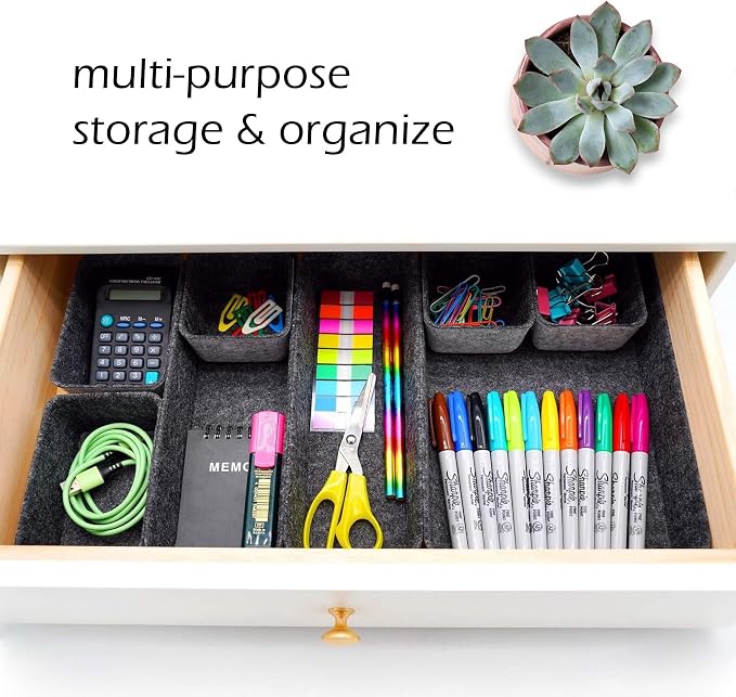 Welaxy Minimalist Felt Desk Drawer Organizer 8-Piece Charcoal Storage Bins