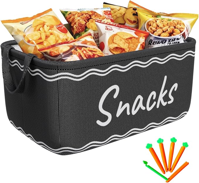 Snack Basket for Pantry & 5 Seal Clips - Snack Bin Organizer for Countertop - Imitation Linen Snack Storage Containers for Storing Chips, Pretzels, Cookies, Popcorn and more (1, Black)