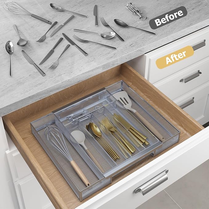 Sedegn Silverware Organizer Metal Mesh, Drawer Organizer, Utensil Cutlery Tray Expandable Flatware Organizer with 7 Compartment Silver 9.6"~16.1" x 13.8"