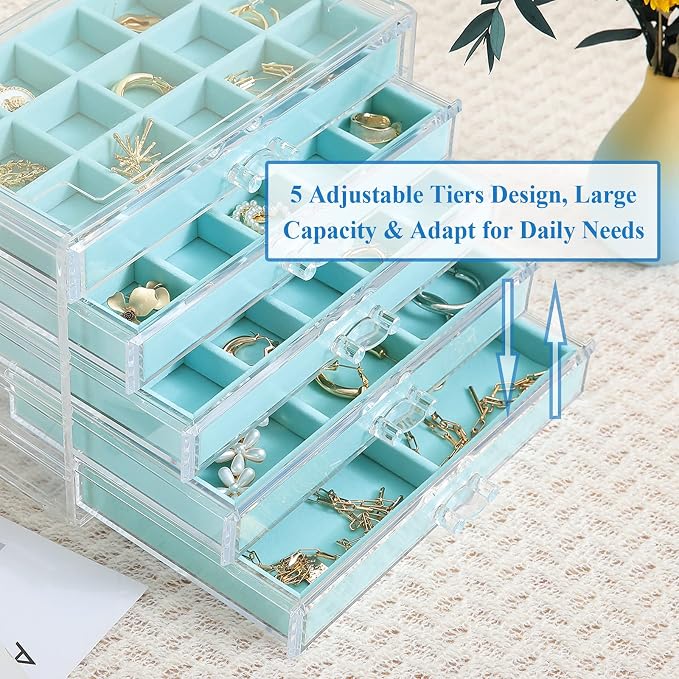misaya Earring Jewelry Organizer, 5 Drawers Clear Acrylic Jewelry Box for Women, Velvet Earring Display Holder for Earrings Ring Bracelet Necklace, Birthday Present, Turquoise