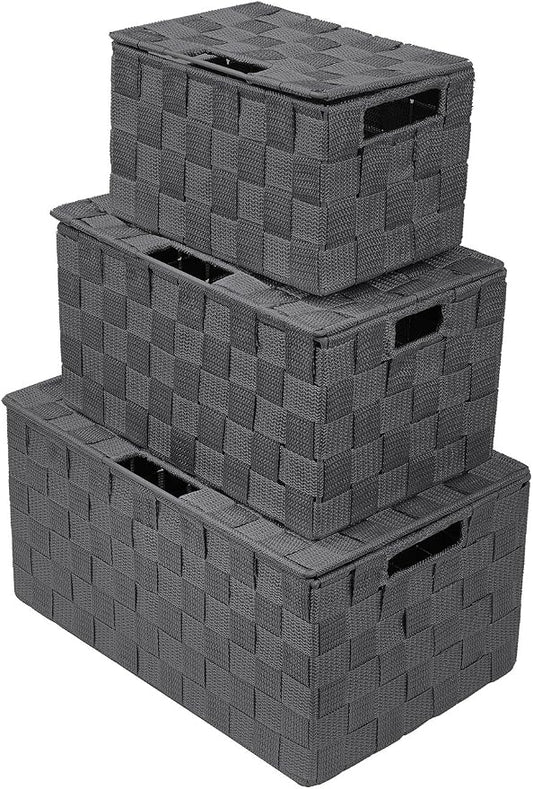 Sorbus Set of 3 Hand-Woven Storage Baskets with Lids – Mesh Organizers for Linen Closet, Shelves, or Home Storage – Variety Pack (Gray)