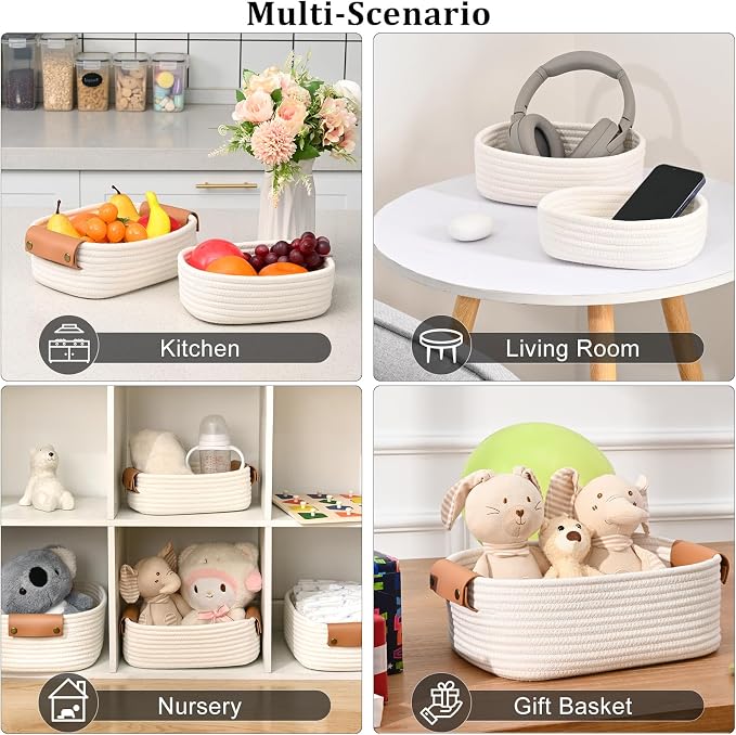 Storage Baskets for Organizing, Small Woven Basket Set of 6-4 Shelf Basket with Leather Handle and 2 Small Gift Baskets, Cotton Rope Basket for Shelves, Nursery, Dog Toy, Bathroom