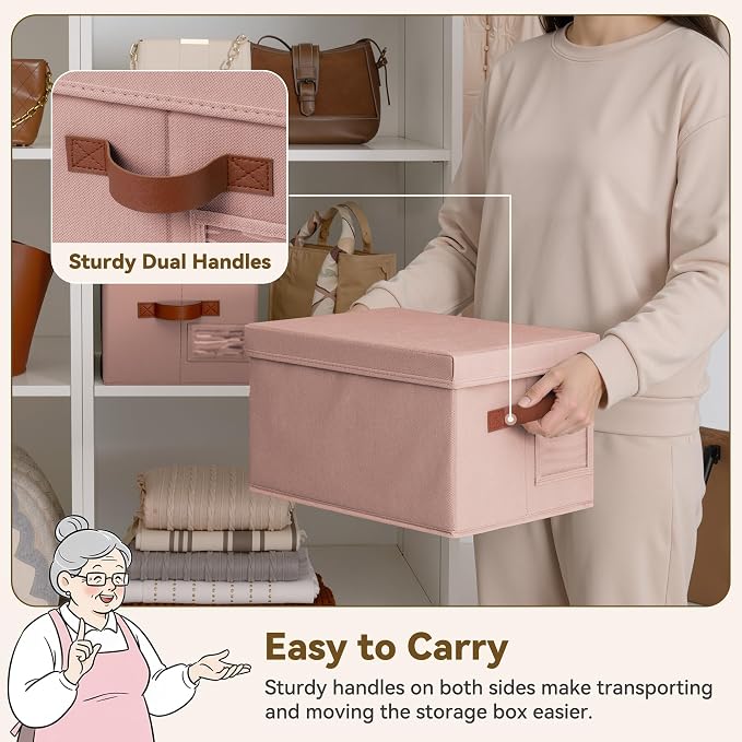 GRANNY SAYS Storage Basket with Lid, Linen Fabric Storage Bins with Label, Decorative Storage Boxes, Clothes Storage and Organization, Memory Keepsake Box, 3-Pack, Pink