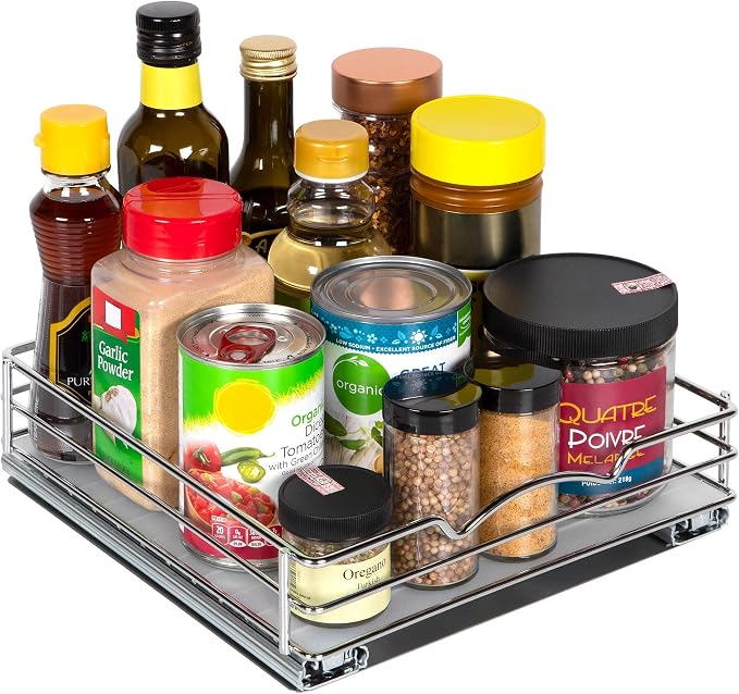Pull-Out Cabinet Spice Rack Organizer, 10 ⅜"W x 10 ⅜"D x 2 ¾"H | Slim Slide-Out Storage for Spices, Bottles & Jars, Premium Heavy-Duty Steel, Easy Install for Narrow Kitchen Cabinets, Chrome