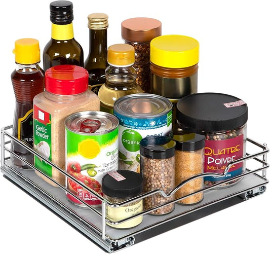 Pull-Out Cabinet Spice Rack Organizer, 10 ⅜"W x 10 ⅜"D x 2 ¾"H | Slim Slide-Out Storage for Spices, Bottles & Jars, Premium Heavy-Duty Steel, Easy Install for Narrow Kitchen Cabinets, Chrome