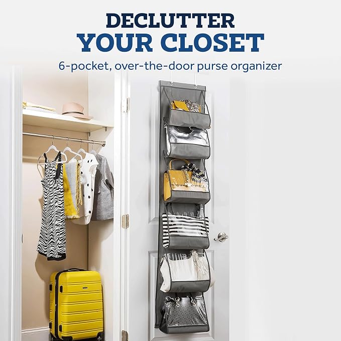 ZOBER Purse Organizer W/ 6 Pockets For Closet - Over The Door Easy Storage - Durable Metal Hooks - Purse Rack With Pockets - Gray (1 Pack)