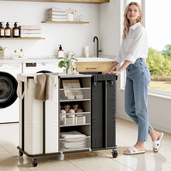 WOWLIVE Laundry Sorter 2 Section, 200L Rolling Laundry Hamper with Wheels | Laundry Cart with Steel Frame, Laundry Basket with Hanging and Removable Bag, Storage Unit Basket Organizer for Dorm