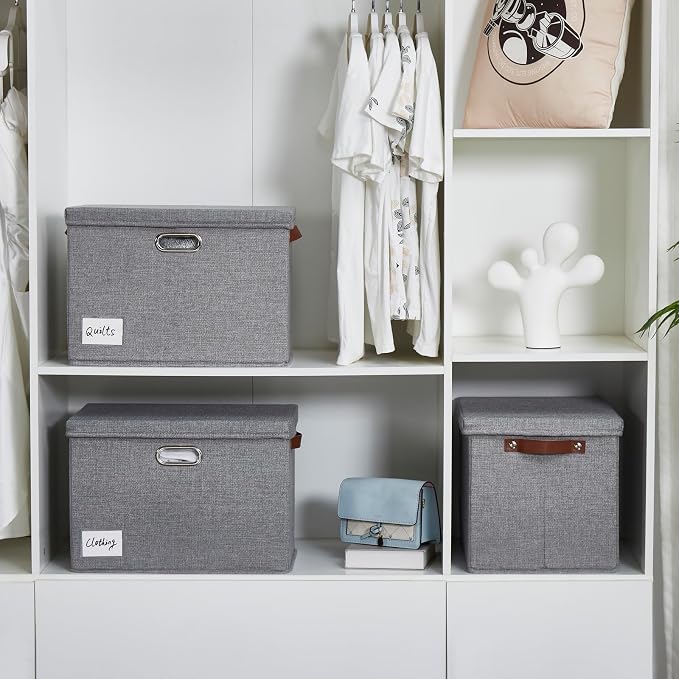 15" Large Collapsible Storage Bins with Lids, Stackable Closet Organizers with PU Handle and Labels, 3-Pack Decorative Fabric Storage Boxes for Home, Bedroom, Closet, Office, Nursery(Gray)