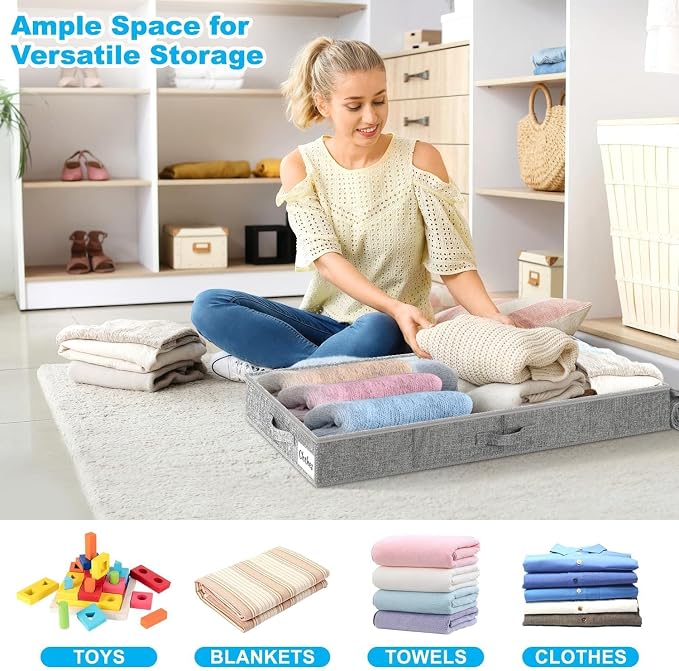 Under Bed Storage Container Bins 2 Pack, 4 Inch Thin Low Profile Underbed Clothes Storage Organizer for Dorm & Home, Use for Blanket and Toy Storage Box W/ Sturdy Bottom/Sides, Foldable Thick Fabric