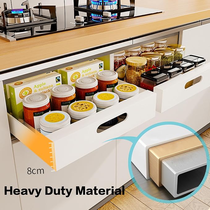 2 Pack Pull Out Cabinet Organizer Adhesive, 10" Wide 16.9" Deep Pull out Drawers for Face Frame or Frameless Cabinets, No Drill Heavy Duty Carbon Steel Drawer, Pantry Cabinet Shelf