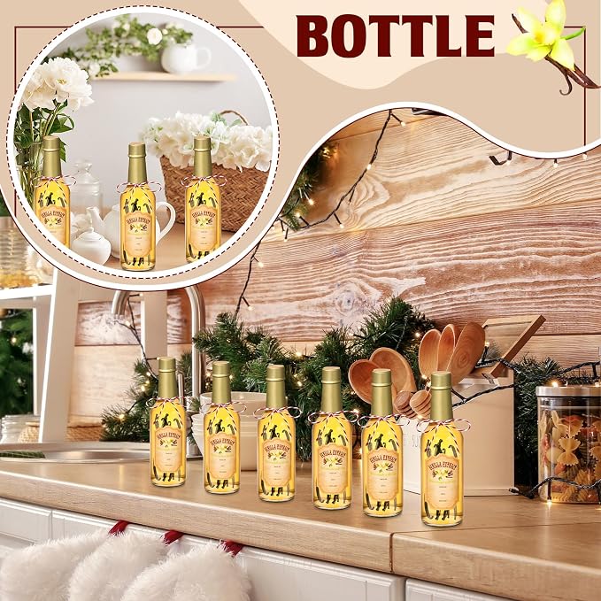 Tioncy 16 Pcs Empty Vanilla Extract Bottles for Homemade Vanilla Jar Glass Bottle with Cap, Shrink Band, Sticker DIY Crafts Wedding Gift Food Storage Canister for Bean(Gold,8.5 oz)