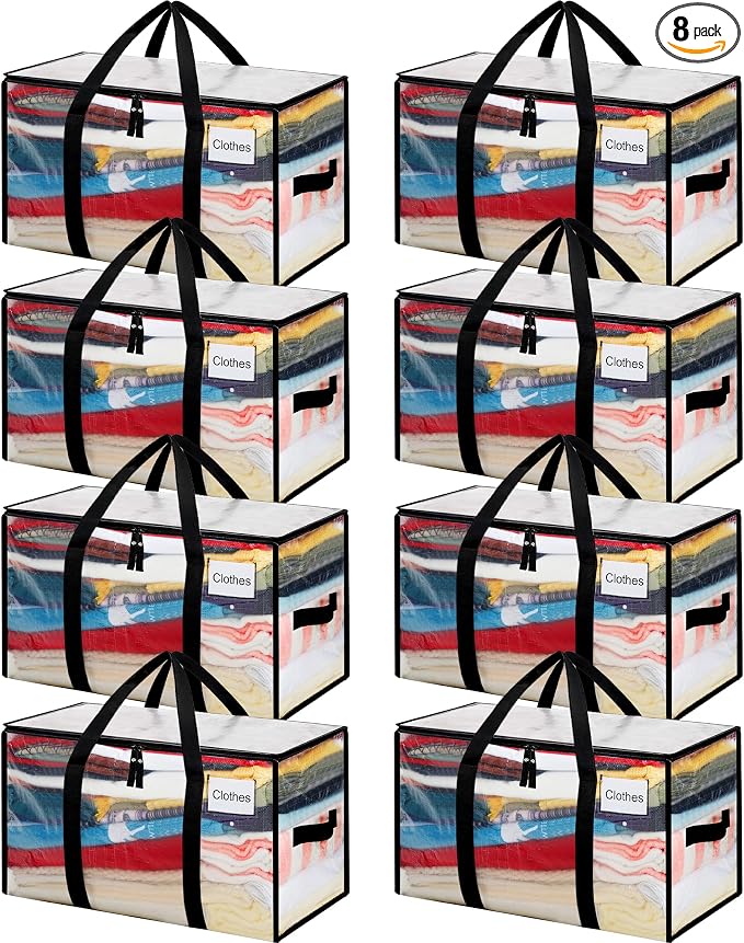 BAGAIL Heavy Duty Moving Bags with Strong Handle, Extra Large Moving Boxes, Storage Tote for Clothes, College Moving Supplies(Clear, 8 Pack)