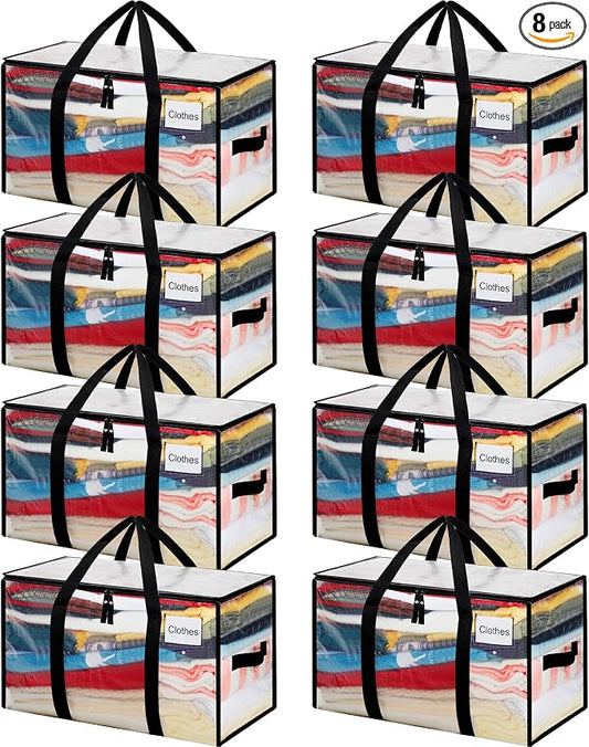 BAGAIL Heavy Duty Moving Bags with Strong Handle, Extra Large Moving Boxes, Storage Tote for Clothes, College Moving Supplies(Clear, 8 Pack)