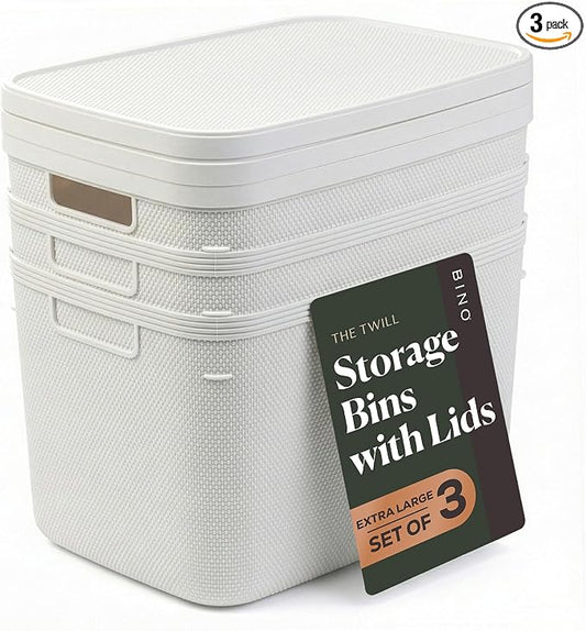 BINO | Plastic Storage Bins with Lids, 20 Liter - 3 Pack, White | THE TWILL COLLECTION | Plastic Bins for Organization | Woven Storage Baskets for Organizing | Pantry Shelf Organizer Basket Bin