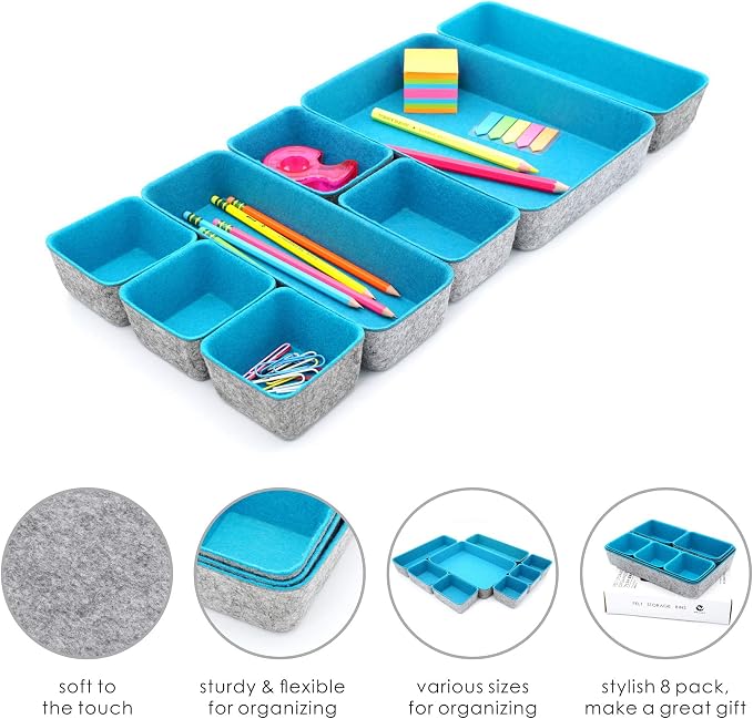 Welaxy Minimalist Felt Desk Drawer Organizer 8pc Turquoise Storage Bins