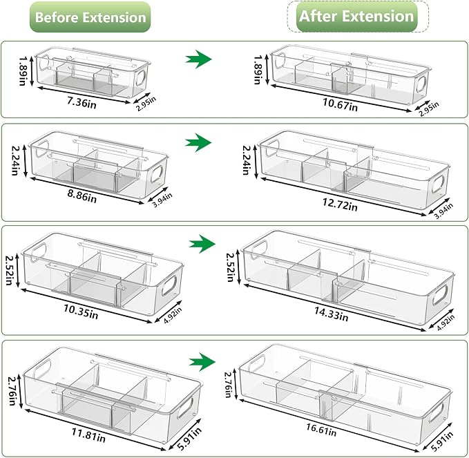 BLULEE 4-in-1 Expandable Drawer Organizer Set, Adjustable Clear Bins | with Dividers for Kitchen, Bathroom, Vanity & Office, Scalable Trays for Cosmetics, Utensils & Desk Accessories (8 Pcs)