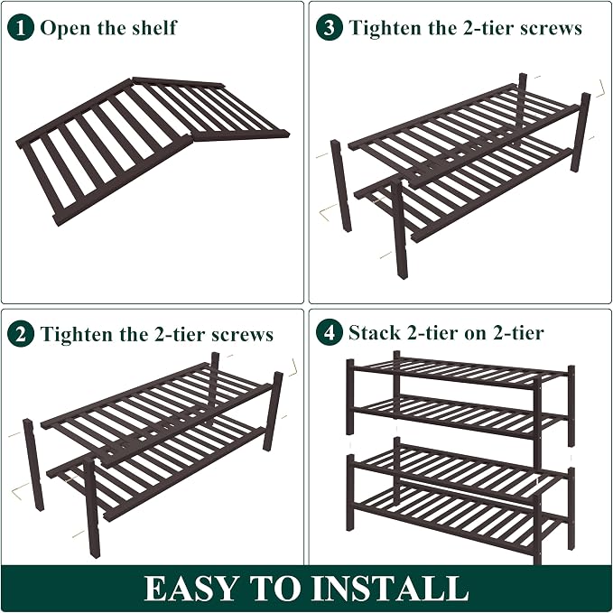 Smiry Bamboo Shoe Rack for Closet, 4 Tier Wooden Shoe Organizer, Stackable Wood Shoe Storage Shelf for Entryway, 14 Vertical Slats, 2+2 Stack Heavy-Duty Legs, 26.77"x11.02"x25.98", Brown