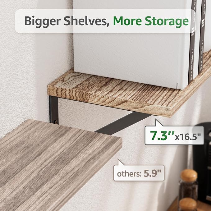 COCOYA Wall Shelves 7.3" Deep Solid Paulownia Wood (Light Brown, Set of 5) | 15mm Thick, Wider & Longer & Stronger, Easy to Install, Floating Bookshelves, For Bathroom Bedroom, Office Storage Organizer