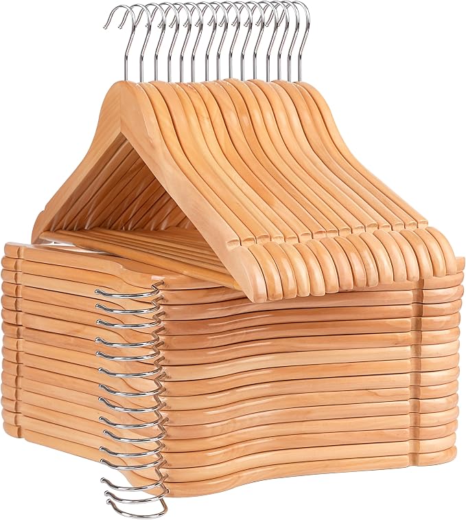 Wooden Hangers 30 Pack, Non-Slip Wood Hanger with 360°Swivel Hook & Notches, Durable & Slim Coat Hangers for Shirt, Suit, Jacket, Dress, Natural-HL01N3