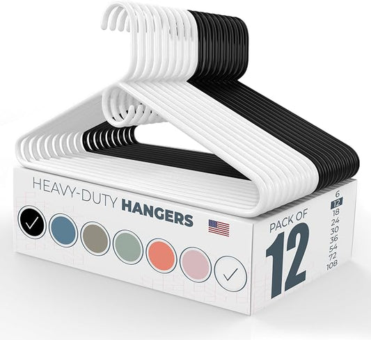 Heavy Duty Clothes Hangers 12 Pack – Made in the USA – 8lb Capacity Plastic Hangers for Adult Clothing – Durable for Pants, Coats, Jackets, or Jeans – White & Black