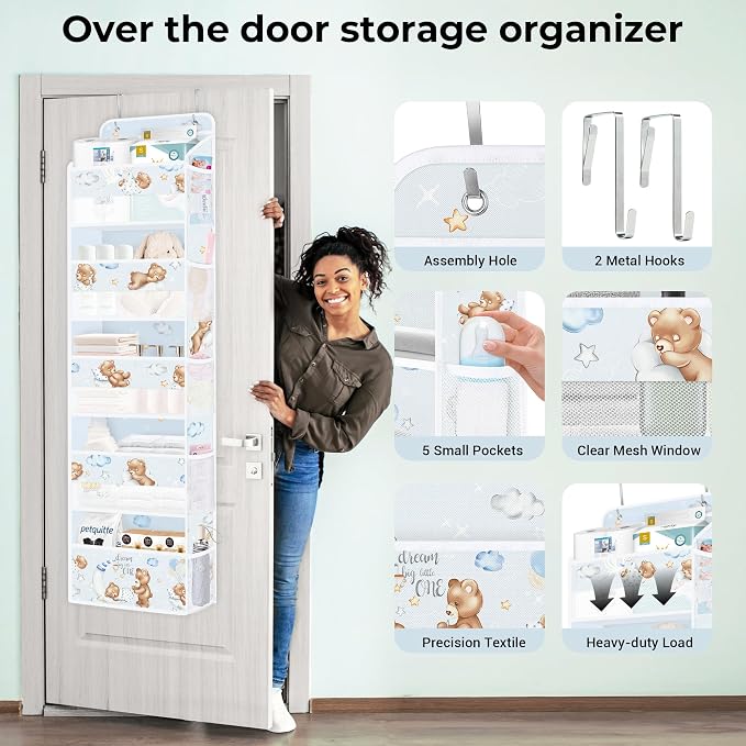 Clastyle Slepping Bear Over The Door Organizer Star Nursery Hanging Storage Organizer for Kids Clothes Diaper Toy Closet Door Hanging Shelf Storage for Bedroom Bathroom Pantry, Blue Balloon