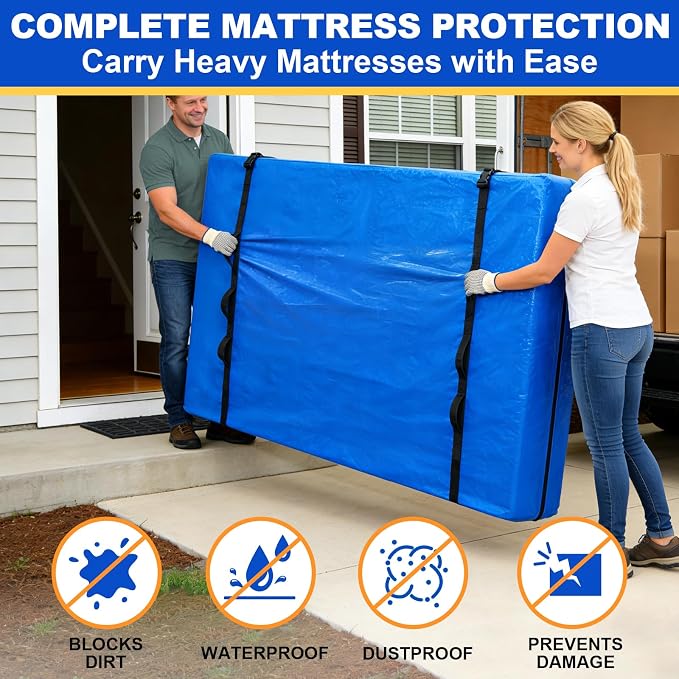 TICONN Mattress Bags for Moving, Heavy Duty Full XL Mattress Cover Storage Bag with Full-Around Handle and Adjustable Buckles (Blue, Full XL)