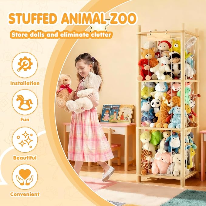 Stuffed Animal Storage Zoo Organizer Natural Pine Plushies Storage with Elastic Bands Vertical Wood Toy Holder Mesh Net Space Saving Design for Playroom Nursery Kids Bedroom