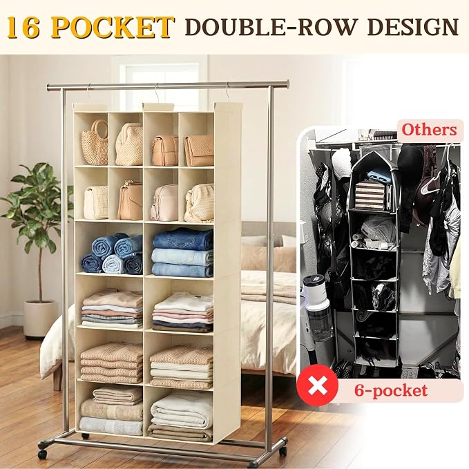 Ofiray-home 6 Tier Hanging Closet Organizer, 16 Compartments Sweater Organizer for Closet with 3 Sturdy Hooks, Closet Organizers and Storage, Wardrobe, Rv, Garment Rack, Beige