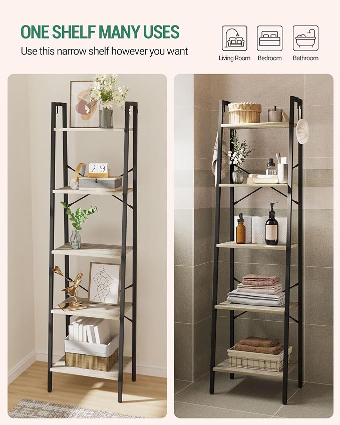 Hzuaneri Ladder Shelf, Bookshelf Bookcase, Freestanding Corner Storage Shelve with 2 Hooks for Home Office, Living Room, Kitchen, Bedroom, Industrial, 11.8" D x 17.3" W x 63" H, Greige BC19205B
