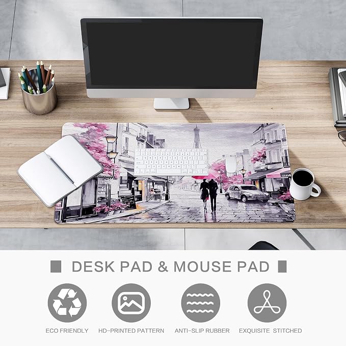 Lokigo Desk Mat for Keyboard and Mouse, Large Mouse Pad, Paris Eiffel Tower Desk Pad Mat, Romantic Gray Pink Large Desk Mat for Girls Women, Pink, 35.4"x15.7"