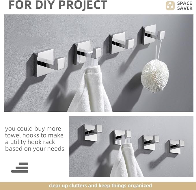 Angle Simple Towel Hooks, SUS 304 Stainless Steel Bathroom Towel Hooks, Wall Robe Coat Hanger, Polished Chrome, 2 Pack