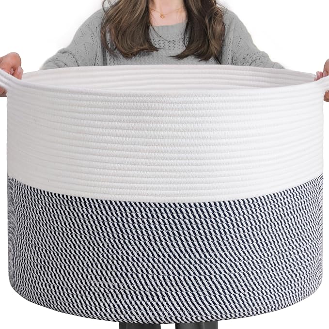 INDRESSME XXXLarge Cotton Rope Basket 21.7" x 21.7" x 13.8" Woven Baby Laundry Baskets Blanket Basket Toy Baskets with Handle Storage Comforter Cushions Navy Laundry Hamper