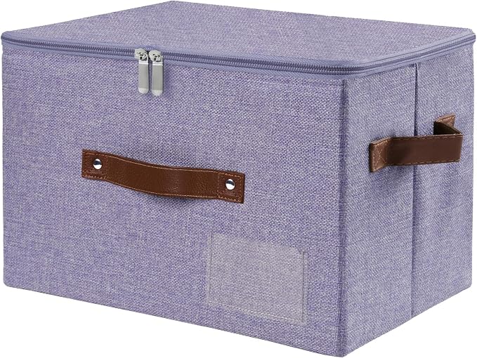 ANMINY Storage Bins with Zipper Lid Storage Boxes with Label Holder PU Leather Handles Washable Foldable Decorative Lidded Cotton Linen Fabric Cubes Baskets Closet Organizer - Purple, Medium