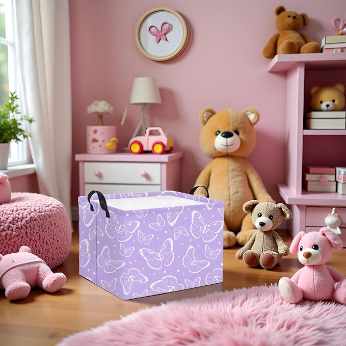 Rectangular Kids Storage Basket Baby Storage Basket with Handles for Home Kitchen Girls Cute Toy Storage Bin Organizer Shelf Book Room Decor(Purple Butterfly)