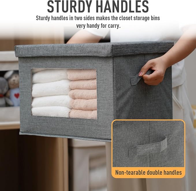 3-Pack Large Storage Bins with Lids & Clear Window, Foldable Fabric Closet Organizer Boxes, Stackable Cube Baskets with Soft Handles for Clothes & Blankets, 17”, Grey