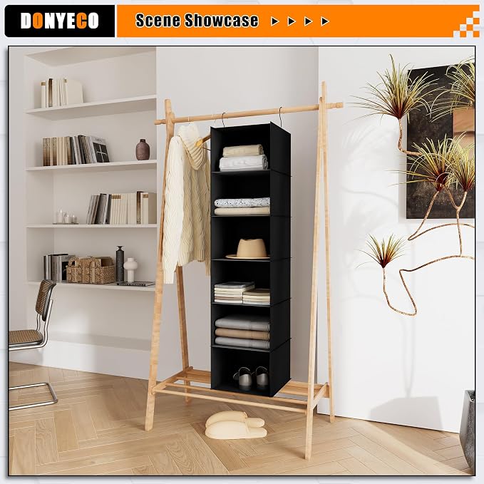Hanging Closet Organizer 6-Shelf, Oxford Fabric Wardrobe Storage, Black | Easy-mount foldable design holds clothes, handbags, shoes & accessories; washable Oxford fabric, sturdy and space-saving.