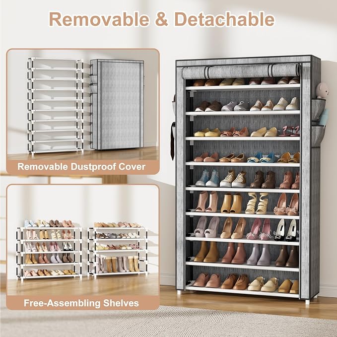 VILICK Shoe Rack with Cover Narrow Shoe Organizer with Pockets 10 Tier Tall Shoe Storage Holds 36-41 Pairs Shoes and Boots Shoe Rack for Closet Entryway Garage, Printing