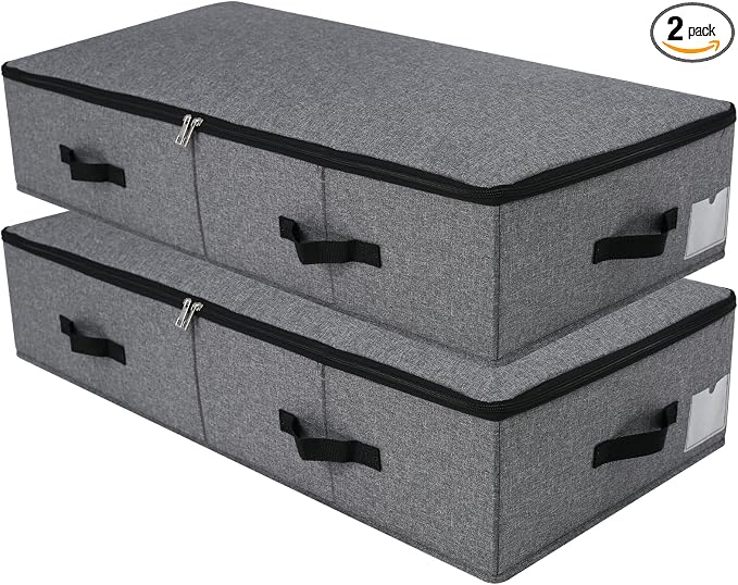 Under Bed Storage Bins with Lids, Closet Organizers, Foldable Under-bed Storage Baskets for Sheets, Clothes, Quilts, Sweaters, Wrapping Paper, 35x16.5x7inch, Black Gray, 2PCS