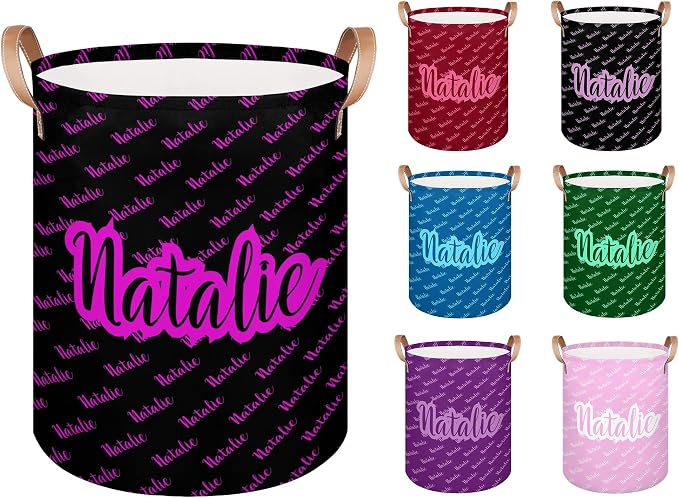 Personalized Laundry Basket, Custom Gift Laundry Hamper, Collapsible Nursery Waterproof Laundry Baskets, Dirty Clothes Toy Hamper with Handles Name Text Black Purple