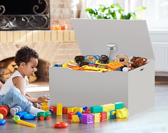 Badger Basket Kids Toy Box Bench - Wooden Chest with Flip-Top Lid, Safety Hinge & 4.5 Cubic Feet Storage Capacity - Stylish Storage Organizer for Toys, Books & Nursery Essentials - White