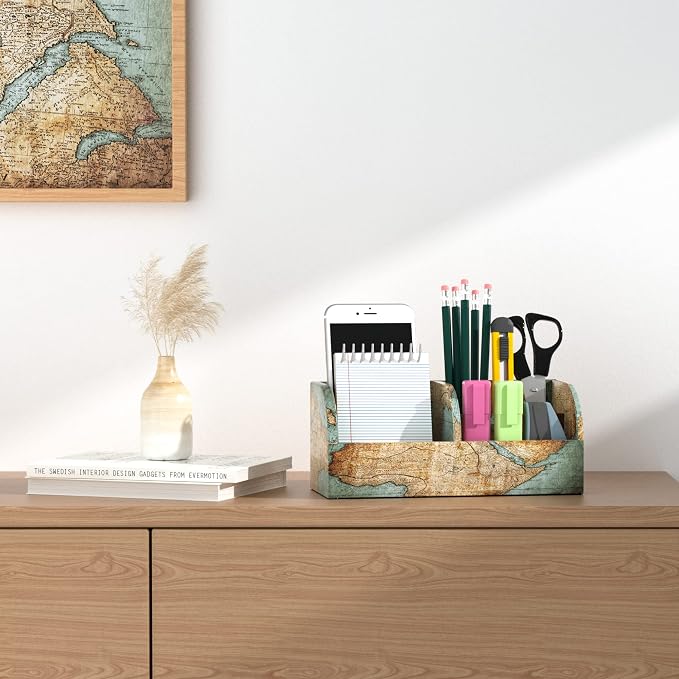 PU Leather Supply Organizer,Remote Control Holder Multifunctional Office Stationery Storage Box Organizer,Pencil Holders Organizers Table Top Desktop Desk Accessories(1-Vintage Map)