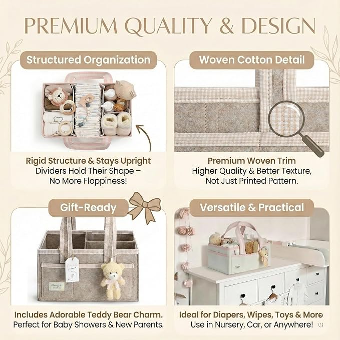 PeraBella Baby Diaper Caddy Organizer, XL Baby Basket Shower Gift Caddy, Portable Felt Changing Table Basket, Nursery Storage Bin, Newborn Boy and Girl Essentials for Registry, Car Diaper Organizer