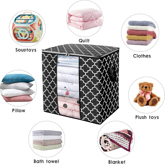 WISELIFE Storage Bags 4 Pack/100L Large Blanket Clothes Organization and Storage Containers for Comforters,Bedding, Foldable Organizer with Reinforced Handle, Clear Window, Sturdy Zippers,Black