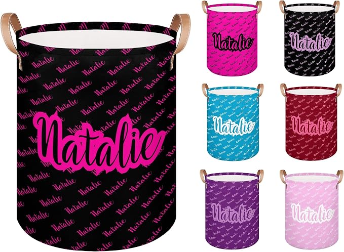 Personalized Laundry Basket, Custom Gift Laundry Hamper, Collapsible Nursery Waterproof Laundry Baskets, Dirty Clothes Toy Hamper with Handles Name Hot Pink Black