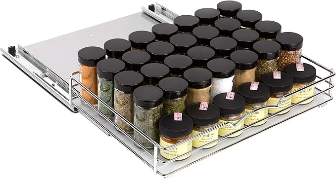 Pull-Out Cabinet Spice Rack Organizer, 14 ⅜"W x 10 ⅜"D x 2 ¾"H | Slim Slide-Out Storage for Spices, Bottles & Jars, Premium Heavy-Duty Steel, Easy Install for Narrow Kitchen Cabinets, Chrome