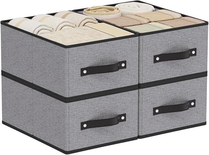 Storage Baskets with Handles,13×9.1×5.5 In,Gray Boxes,4Pack | Storage Bins for Shelves,Foldable Clothing Drawer Organizer,Closet Containers for Home,Office,Large Fabric Cubes